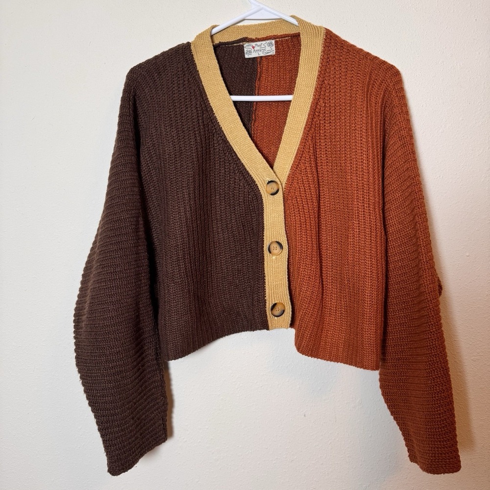 Poof Apparel Women's L Cropped Cardigan Fall Brown Orange Acrylic Sweater